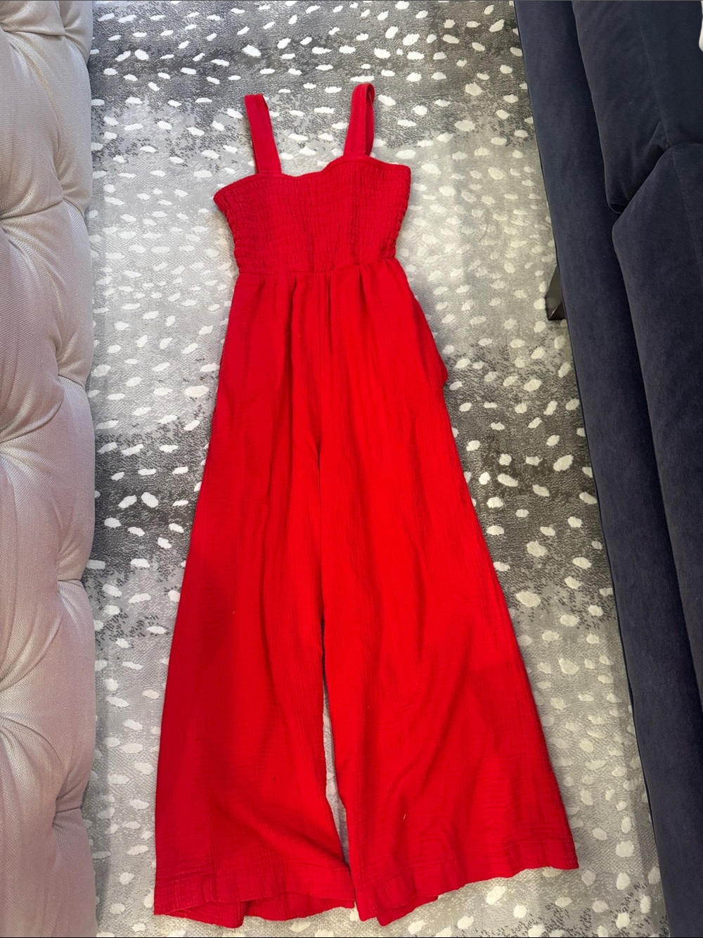 Quince Red Smocked Wide-Leg Jumpsuit with Straps